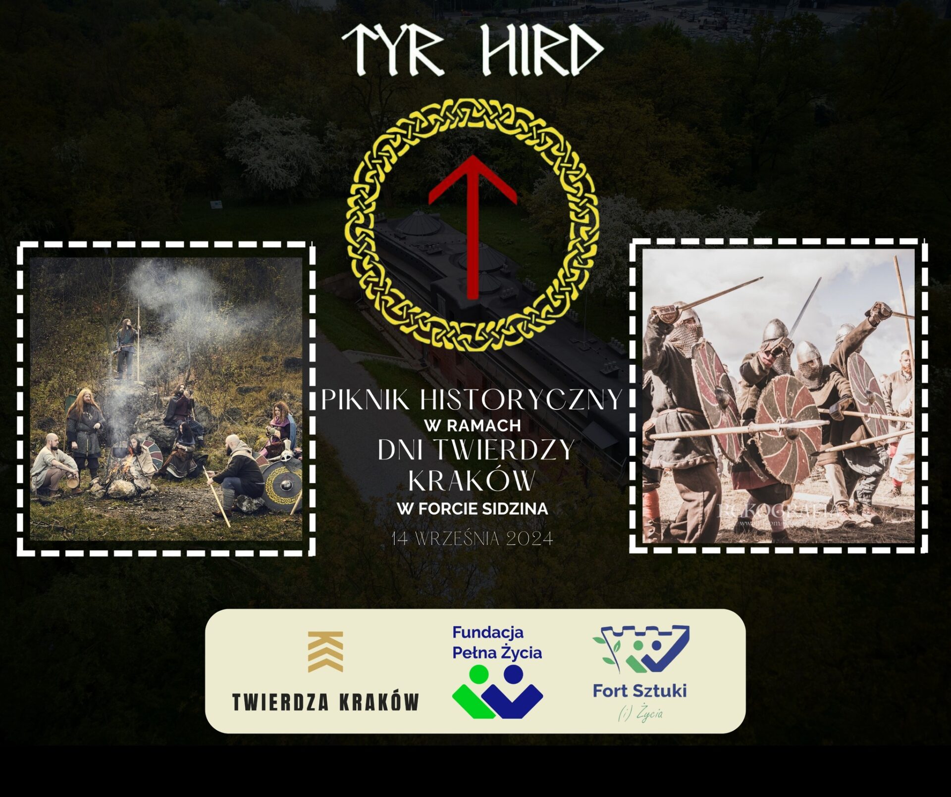 Tyr Hird - logo grupy, dwa zdjęcia rekonstrukcji wikingów. piknik historyczny w ramach dni twierdzy kraków